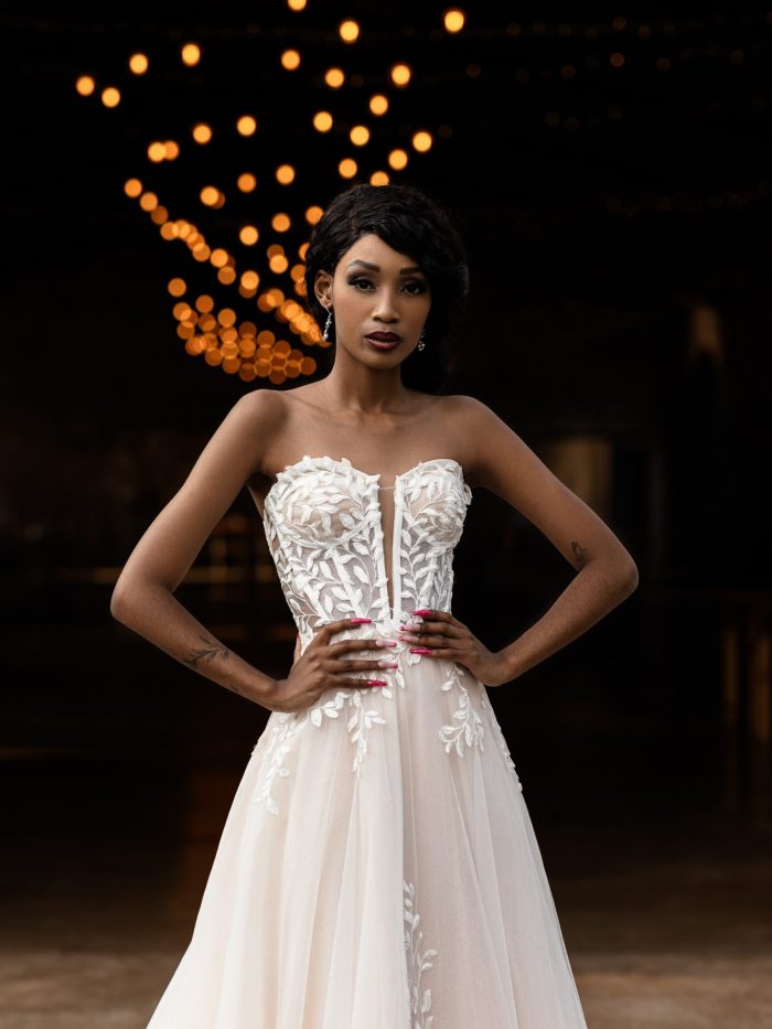Pre Loved Danica Wedding Gown blush and ivory UK12 with corset bodice and leaf lace appliqué train
