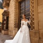Gwendoline wedding dress off-shoulder lace appliqué with long sheer sleeves and tulle skirt