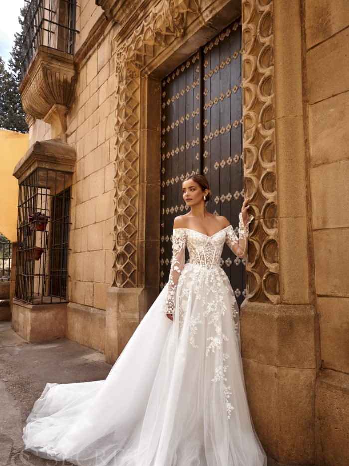 Gwendoline wedding dress off-shoulder lace appliqué with long sheer sleeves and tulle skirt