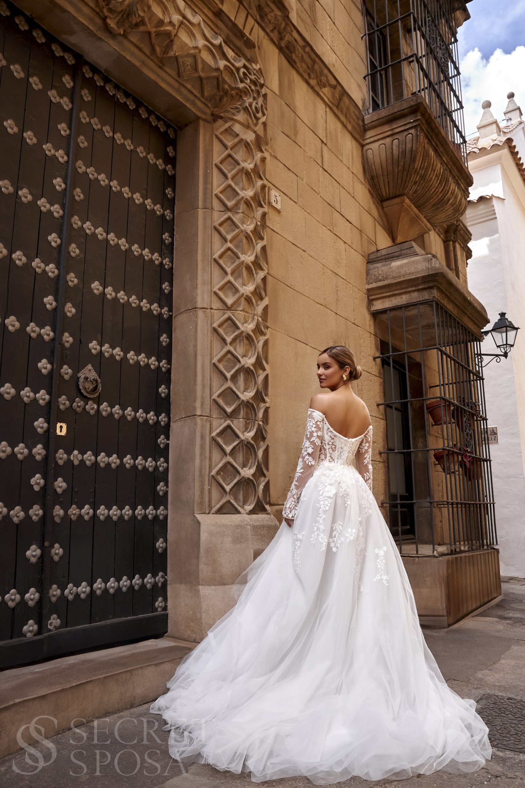 Gwendoline wedding dress off-shoulder lace appliqué with long sheer sleeves and tulle skirt