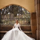 Gwendoline wedding dress off-shoulder lace appliqué with long sheer sleeves and tulle skirt