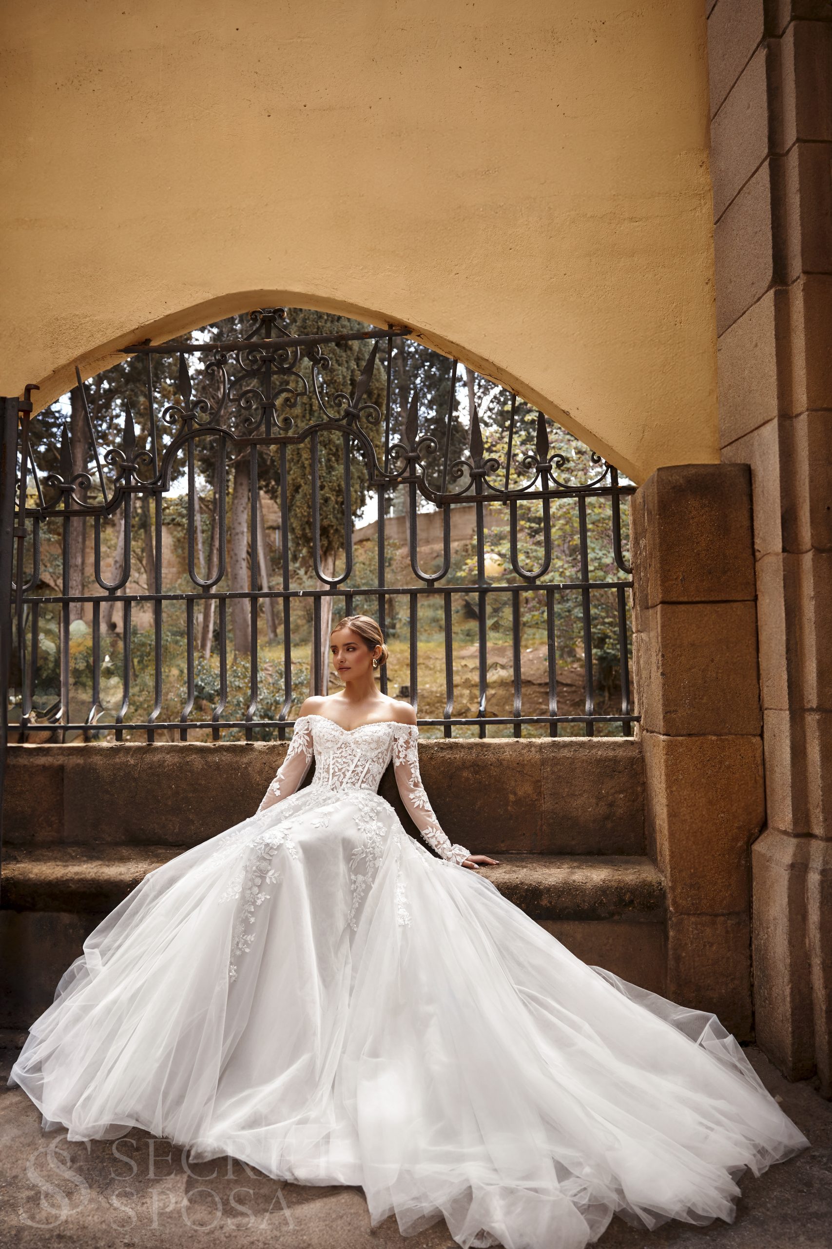 Gwendoline wedding dress off-shoulder lace appliqué with long sheer sleeves and tulle skirt