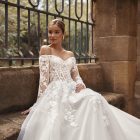 Gwendoline wedding dress off-shoulder lace appliqué with long sheer sleeves and tulle skirt