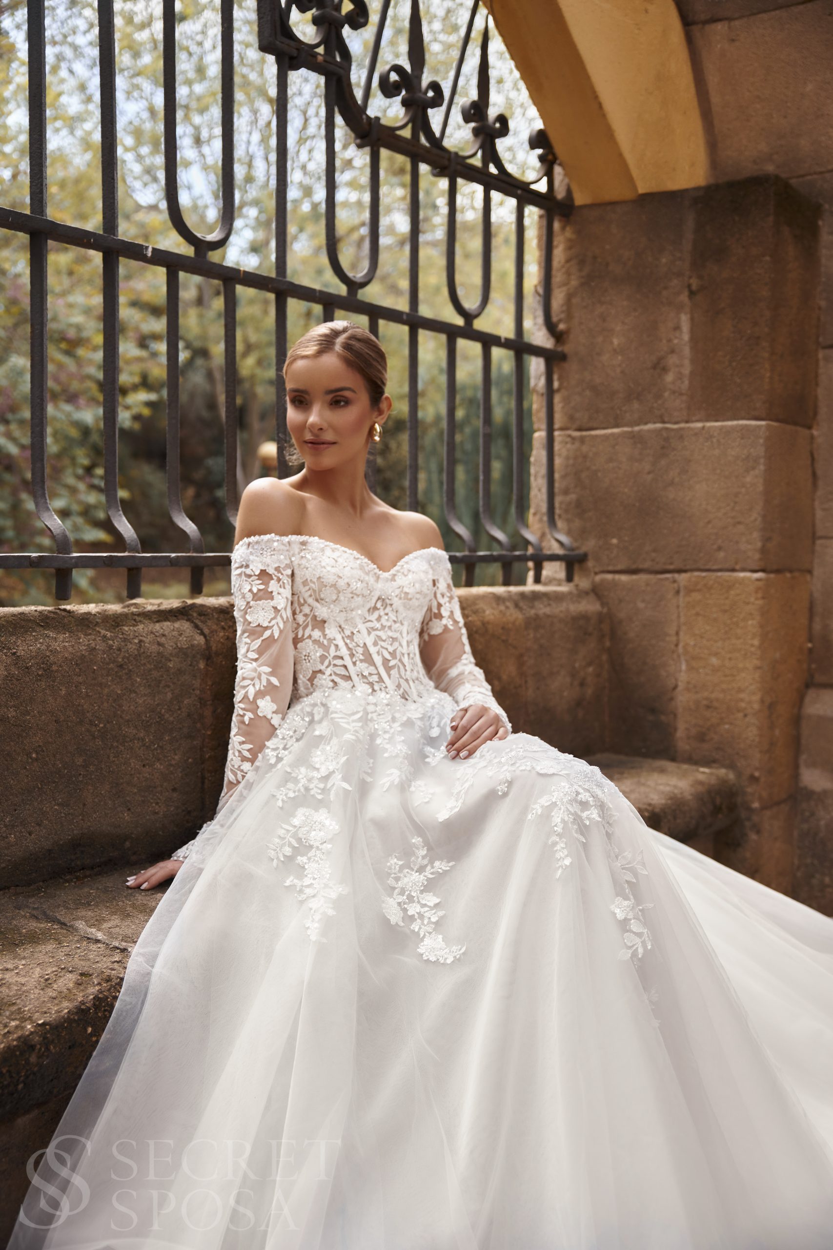 Gwendoline wedding dress off-shoulder lace appliqué with long sheer sleeves and tulle skirt