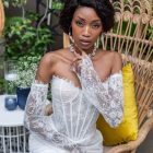 Close up of Ava lace mermaid wedding gown showing corset bodice, off-shoulder lace sleeves and bridal detailing.