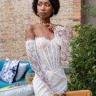 Detail of off shoulder lace sleeves on Ava Chantilly lace basque waist wedding gown