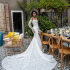 Ava Chantilly lace mermaid wedding gown with basque waist and off shoulder sleeves