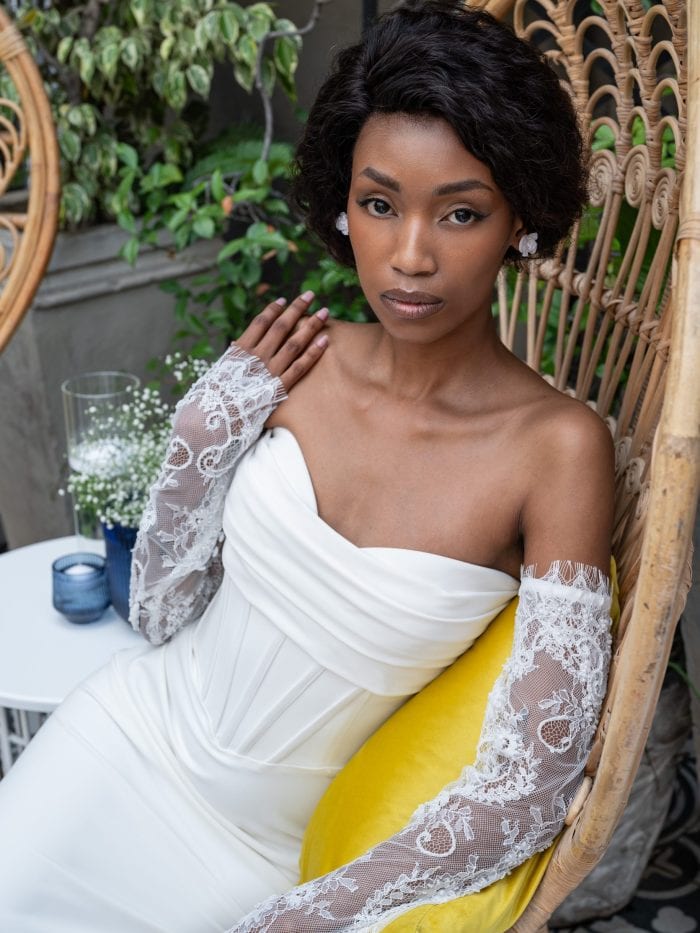 basque waist crepe wedding dress Olivia