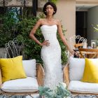 basque waist crepe wedding dress with floral overskirt