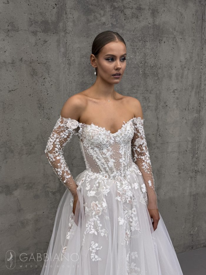 Teddy A-line wedding dress with floral lace bodice and detachable sleeve