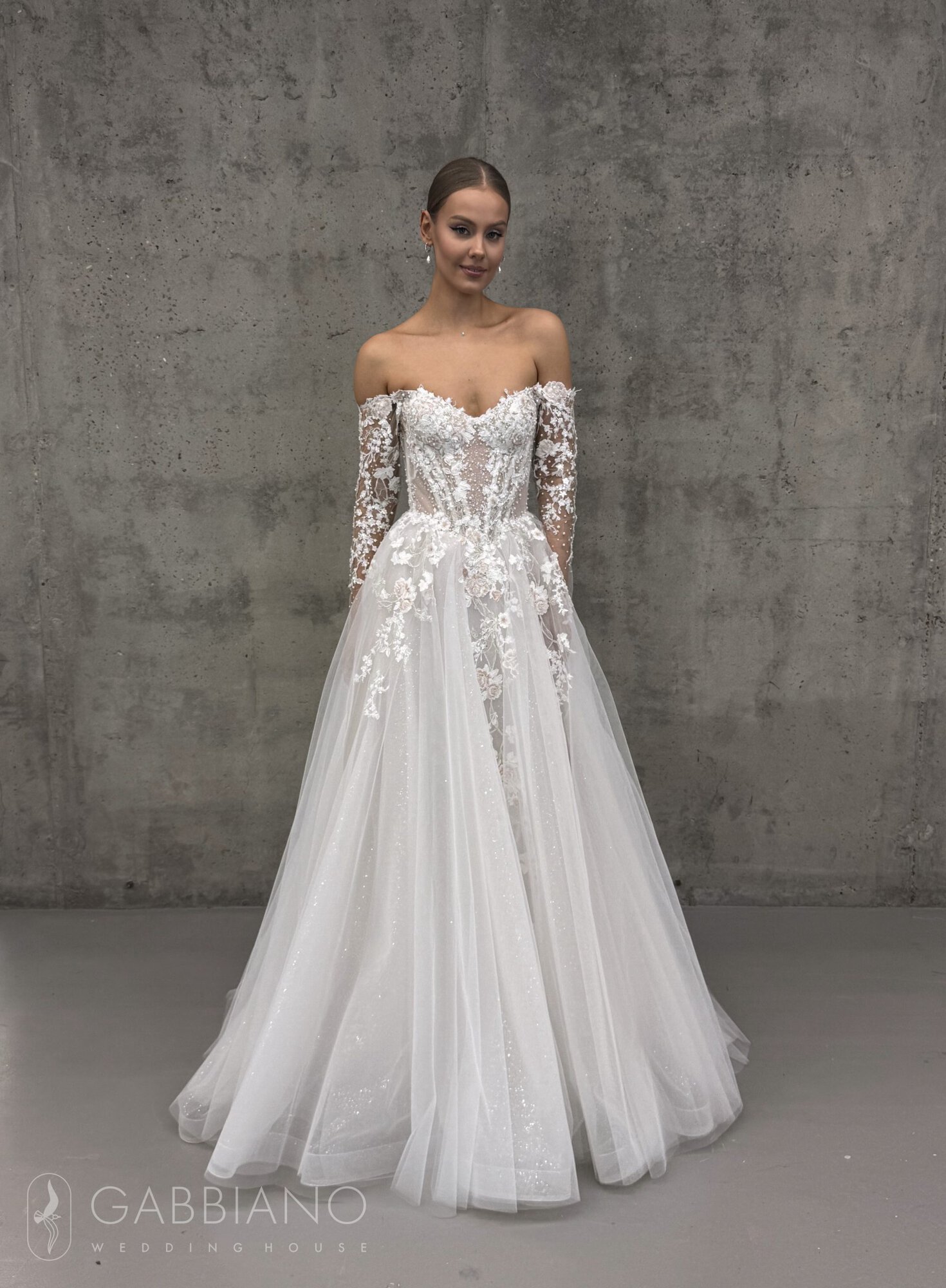 Teddy sparkling A-line wedding gown with off-the-shoulder lace sleeves