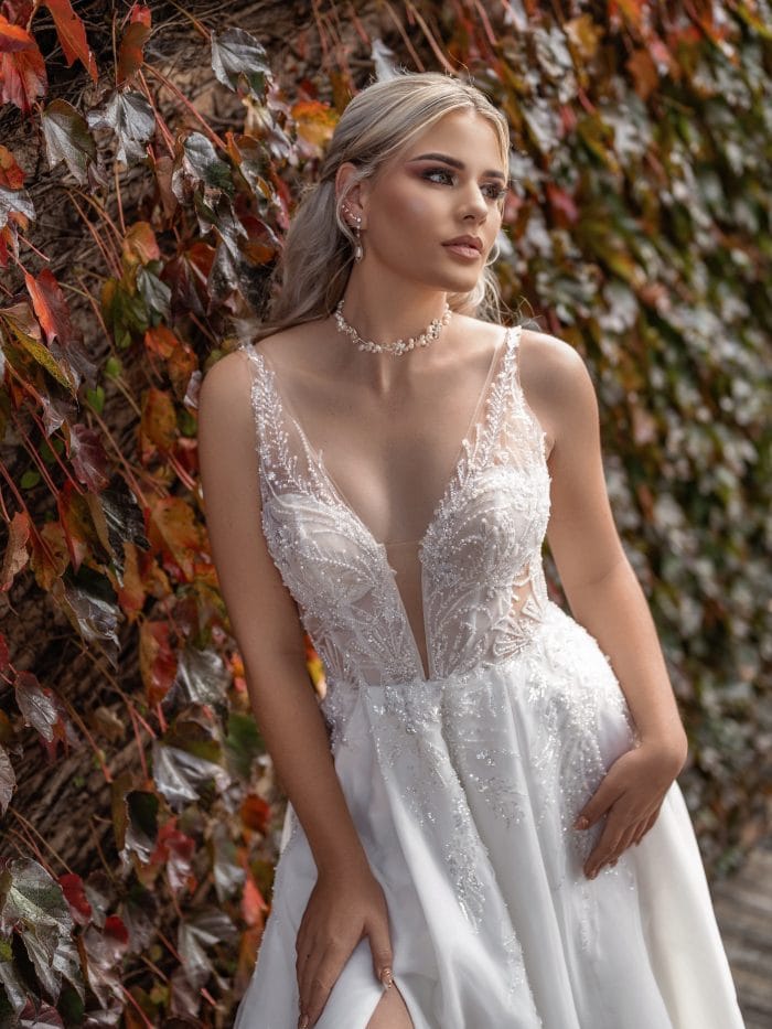 April beaded A-line wedding dress with plunging illusion neckline