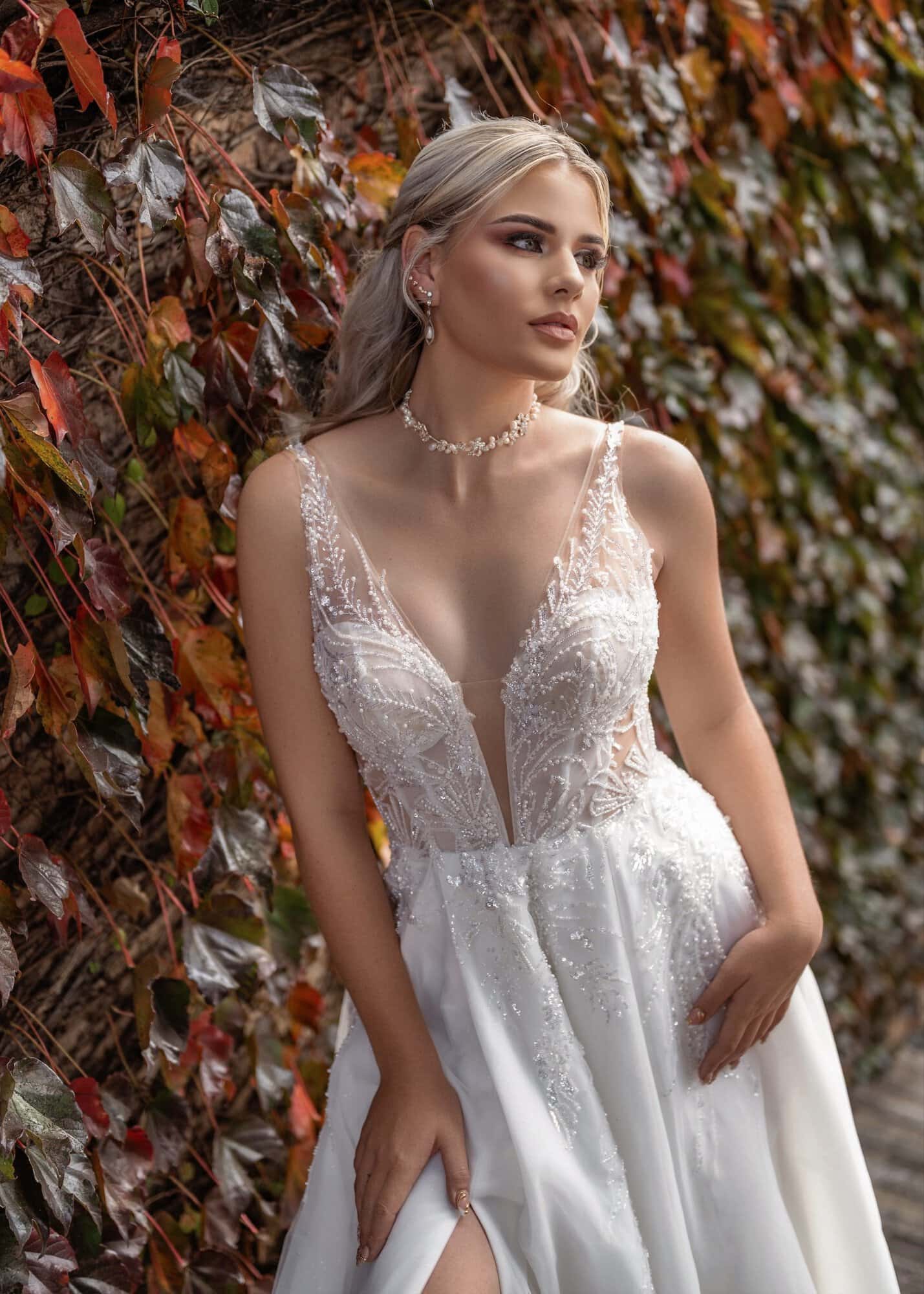 april-01 April beaded A-line wedding dress with plunging illusion neckline