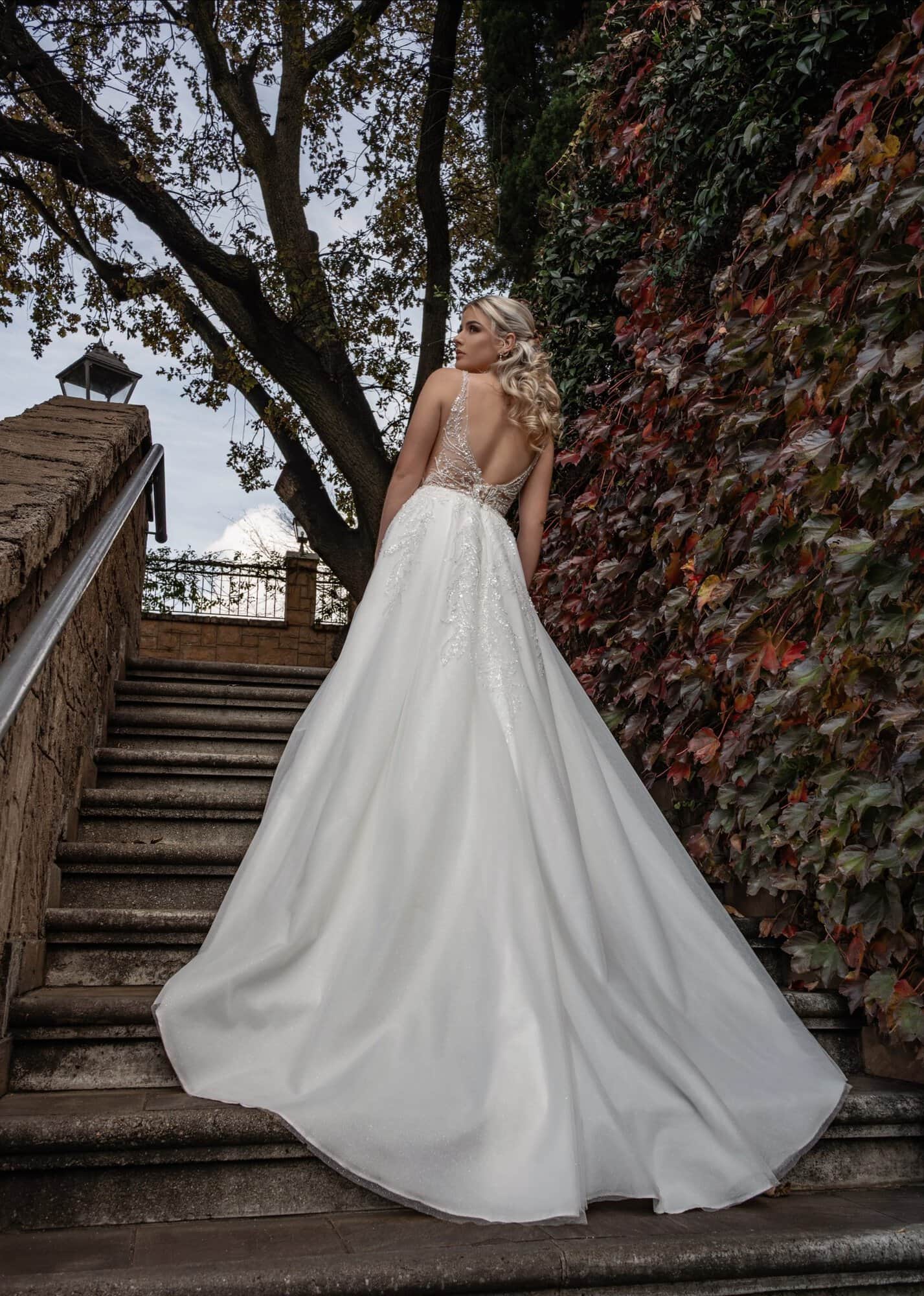 April embellished wedding gown with plunging neckline and delicate straps