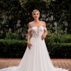 Claire A-line wedding dress with off-the-shoulder lace bodice and chiffon skirt