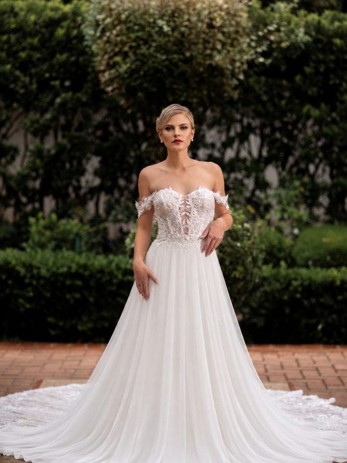 Claire A-line wedding dress with off-the-shoulder lace bodice and chiffon skirt