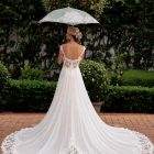 Back of Claire wedding dress with lace-edged chiffon train