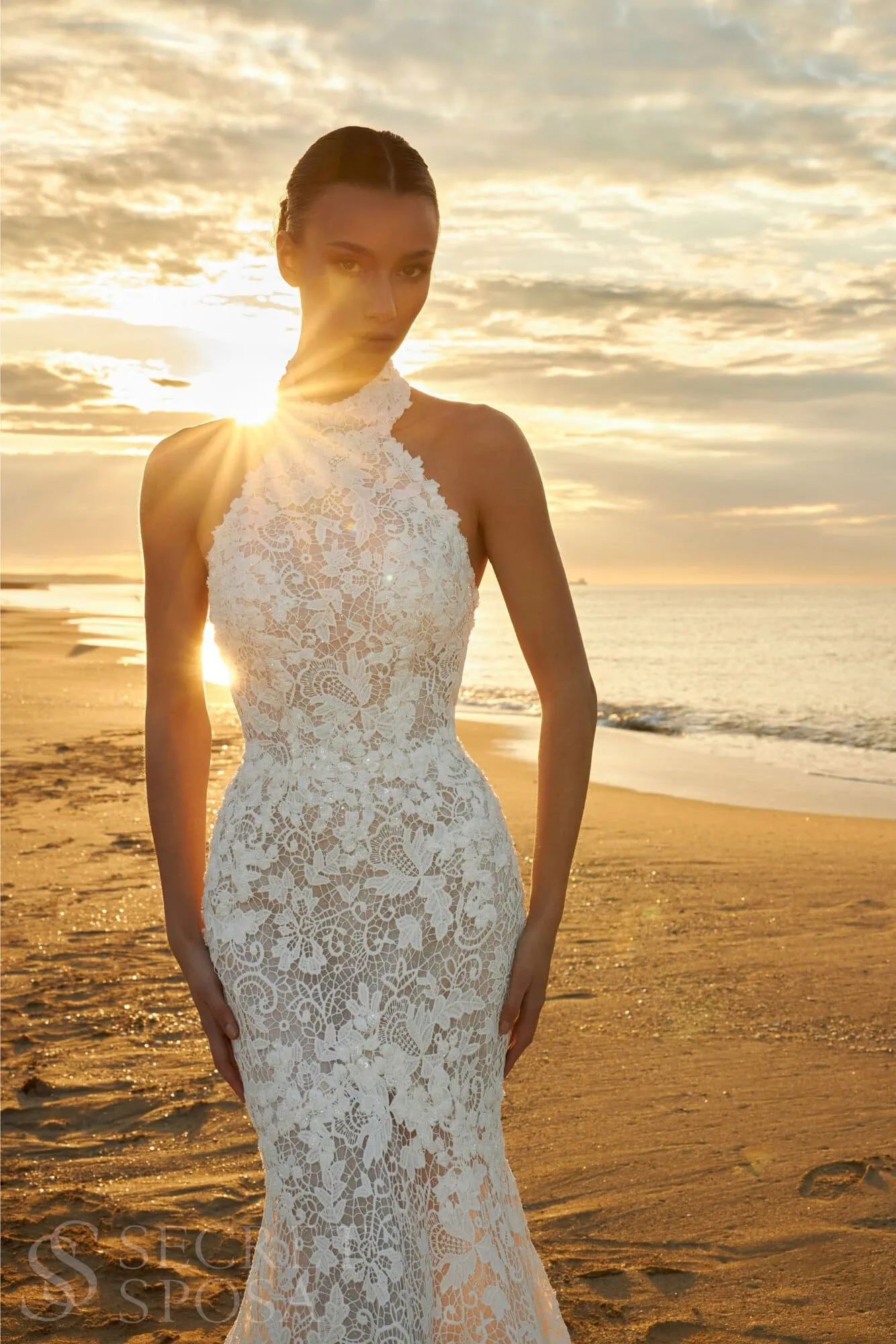 Kristian wedding dress with high halter neckline and floral lace
