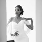 Close-up of Anna wedding dress showcasing the draped sweetheart neckline and soft off-the-shoulder organza sleeves.