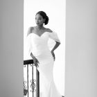 Anna crepe wedding dress with romantic billowing organza sleeves and fitted mermaid silhouette at Atari's House of Bridals.